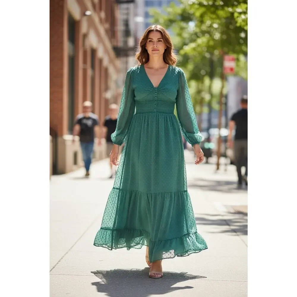 Patrons Of Peace Flowing Maxi Dress XS Green Swiss Dot